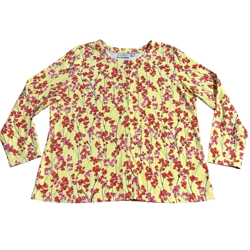 Quacker Factory Cherry Blossom Yellow Snap-Front Cardigan Women's Large Spring